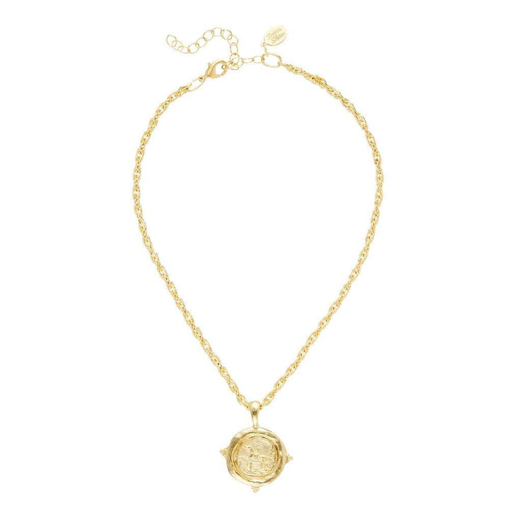 Gold equestrian rope chain necklace with ornate medallion pendant.