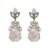 Faceted Moonstone and Blue Quartz statement earrings; pear-shaped moonstone drops adorned with blue quartz and gold accents.