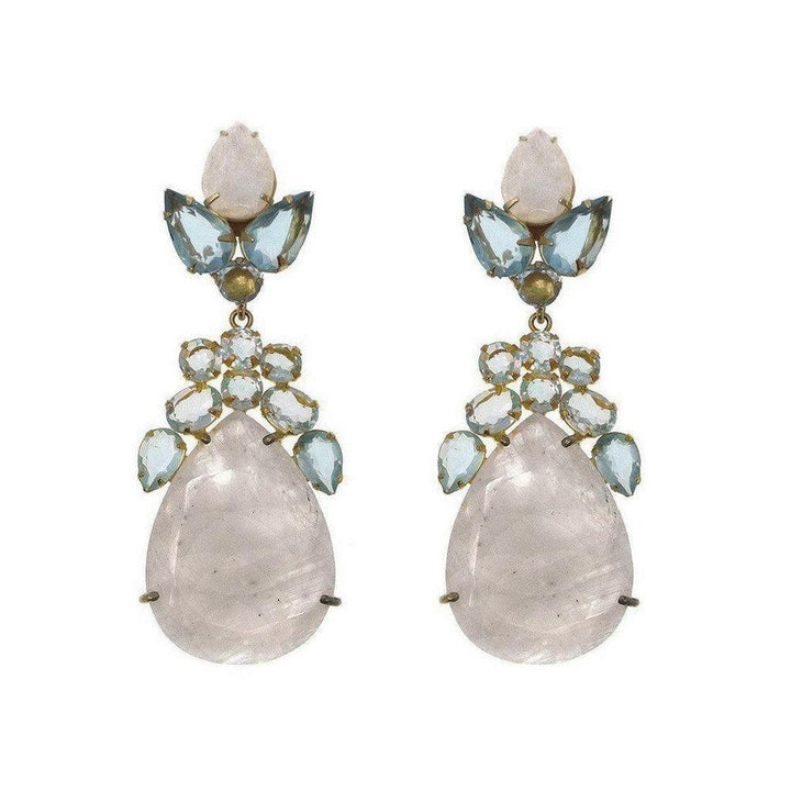 Faceted Moonstone and Blue Quartz statement earrings; pear-shaped moonstone drops adorned with blue quartz and gold accents.