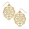 Gold filigree dangle earrings with intricate floral design.