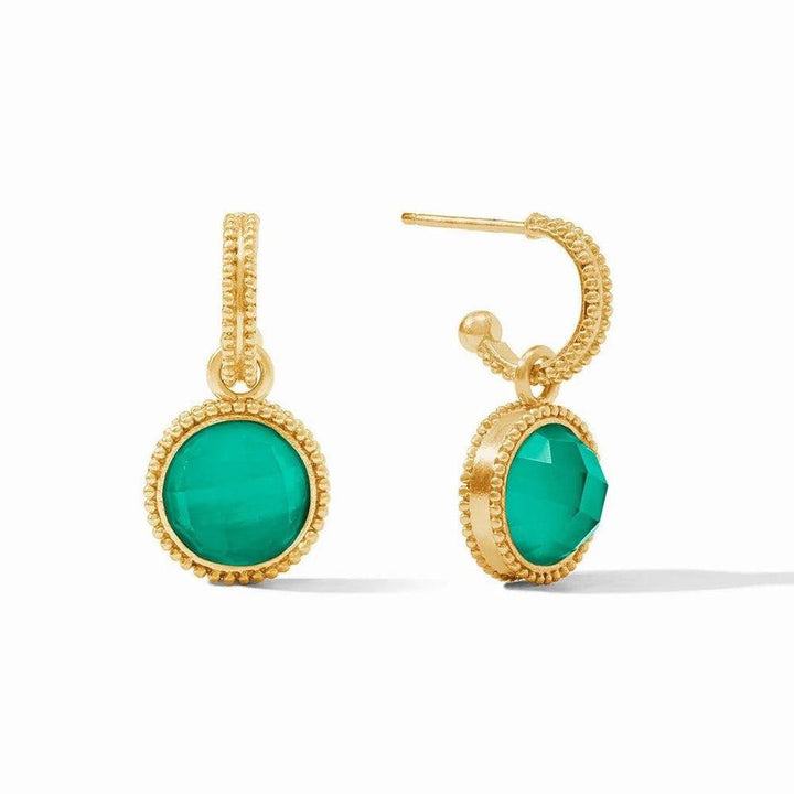 Gold hoop earrings with teal gemstone accents.