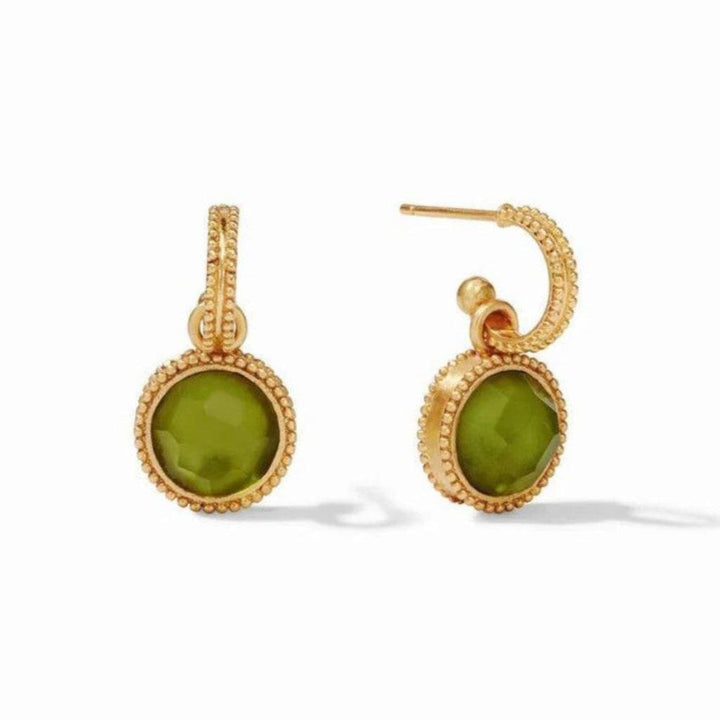 Gold hoop earrings with olive green gemstone accents.