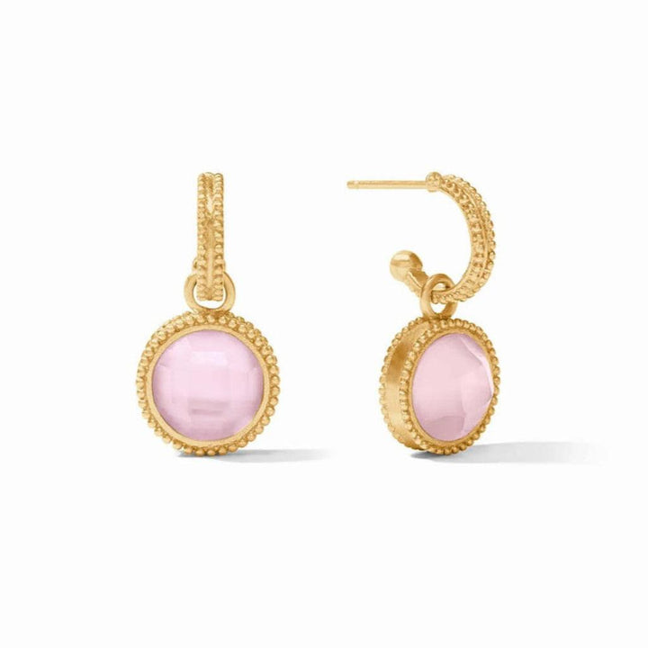 Gold hoop earrings with delicate pink gemstone charms.
