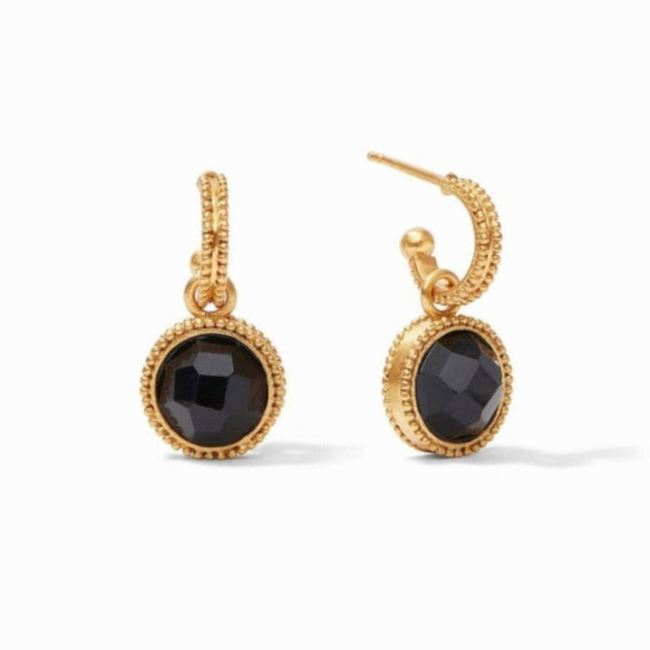 Fleur-de-Lis Hoop & Charm Earrings with black gemstone accents in 18k gold plated hoops.