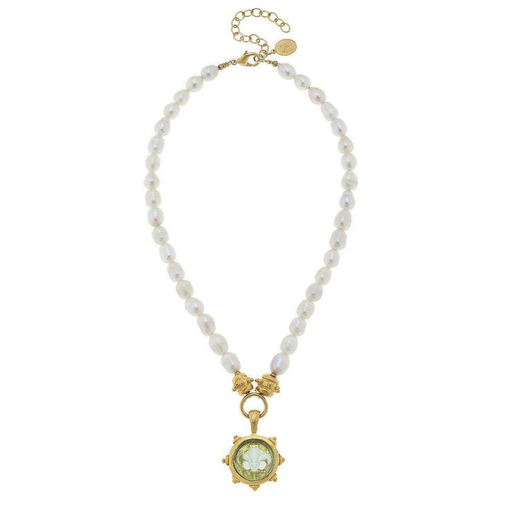 Elegant pearl necklace with gold Venetian glass pendant featuring a green stone.