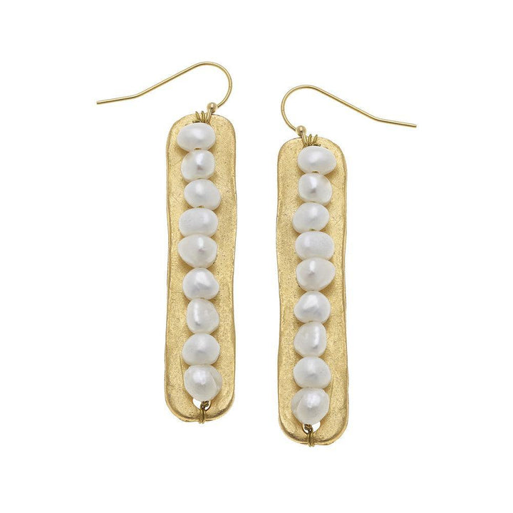 Freshwater Pearl & Handcast Gold Bar Earrings: Elegant, gold-toned bar earrings featuring a row of lustrous white pearls.