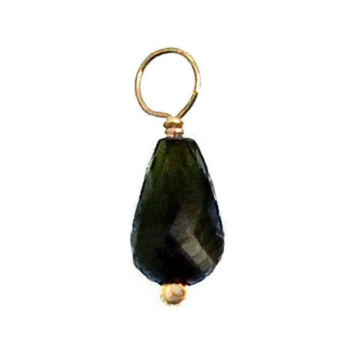 Dark green gemstone pendant, gold-filled accents, teardrop shape