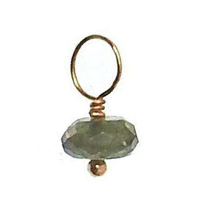 Green gemstone charm with gold wire and bead accents.