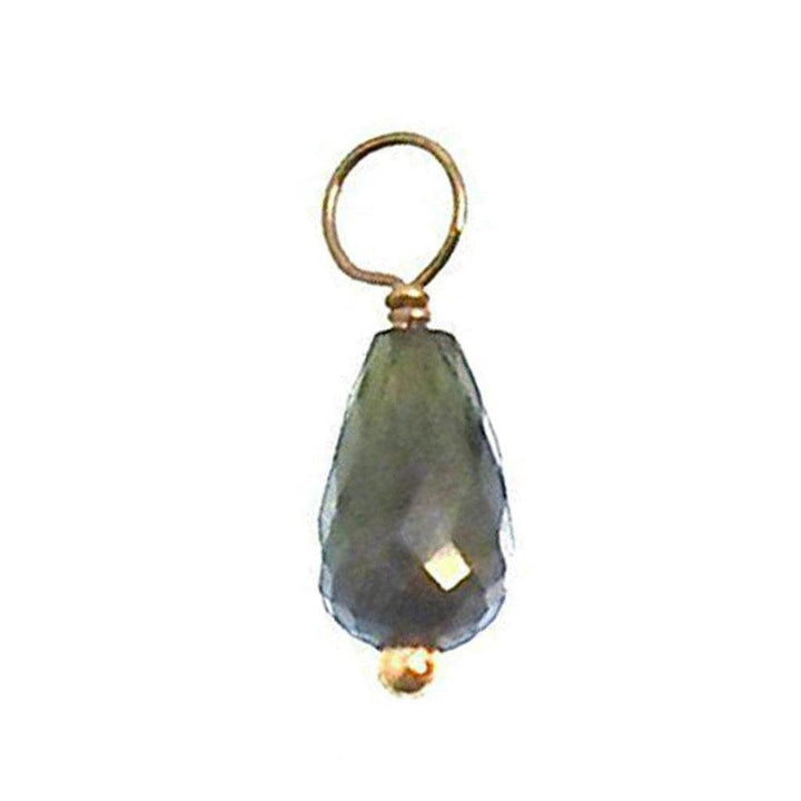 Dark gray gemstone pendant with gold accents; teardrop shape.