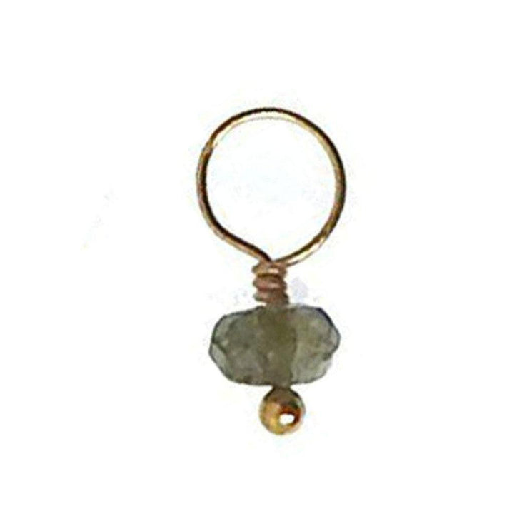 Gold wire charm with a gray gemstone and gold bead