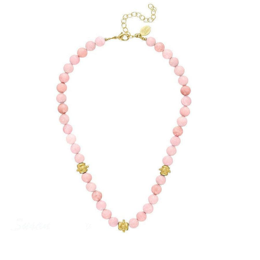 Genuine Pink Jade Necklace with Gold Beads: Elegant pink jade beads and 14k gold accents.