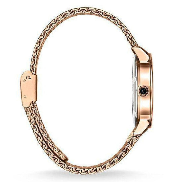 Rose gold watch with chain-link band; side profile view.