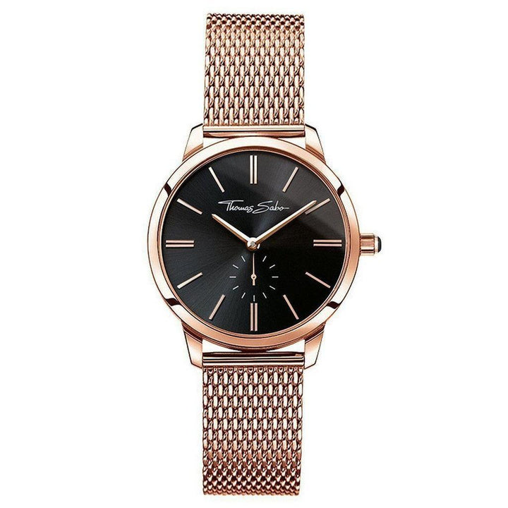 Glam Spirit watch with rose gold mesh band and black dial; Thomas Sabo.