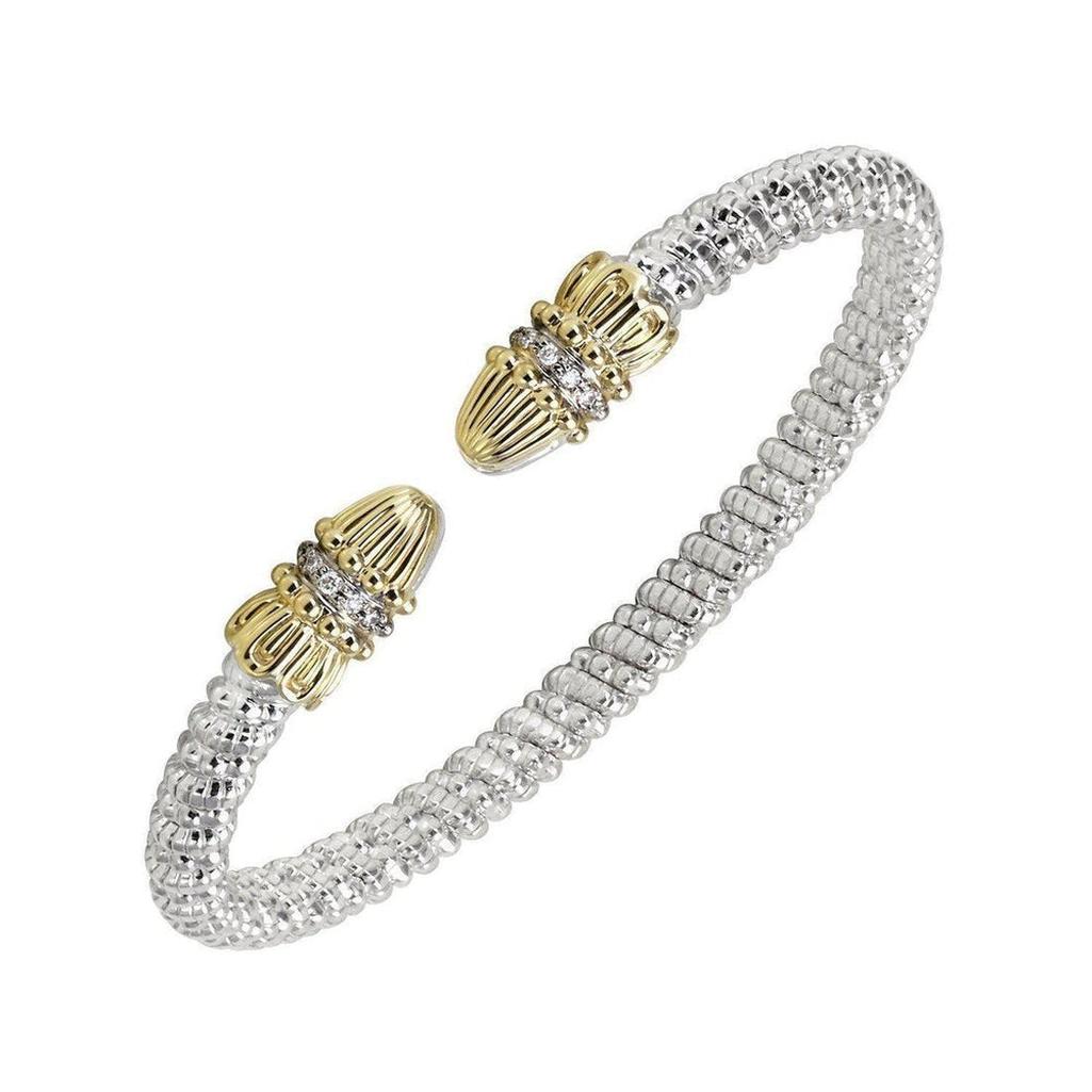 Gold and diamond cap open bracelet with textured silver band.