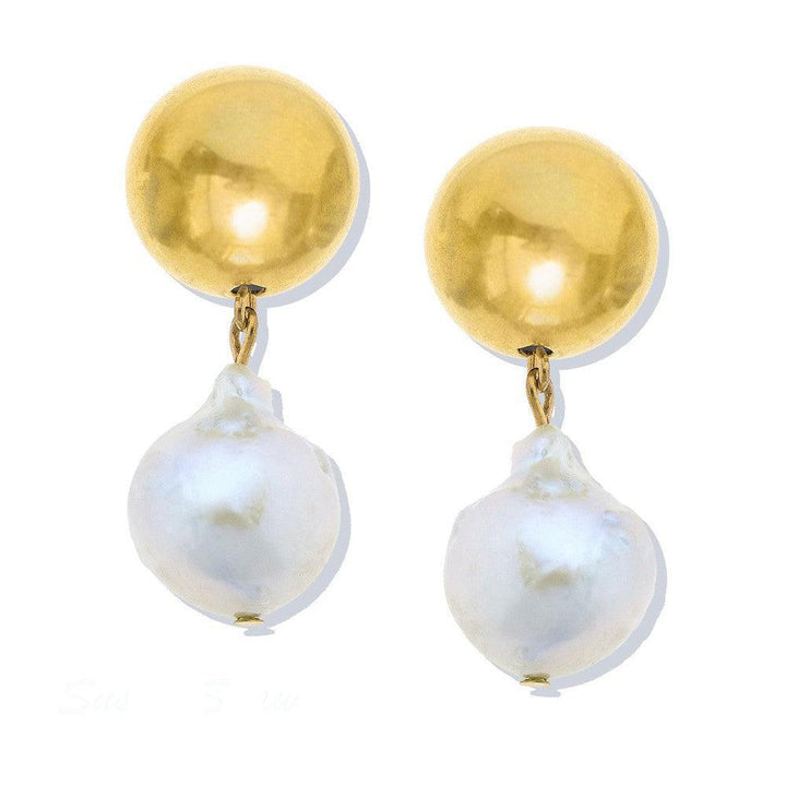 Elegant gold bead and pearl dangle earrings