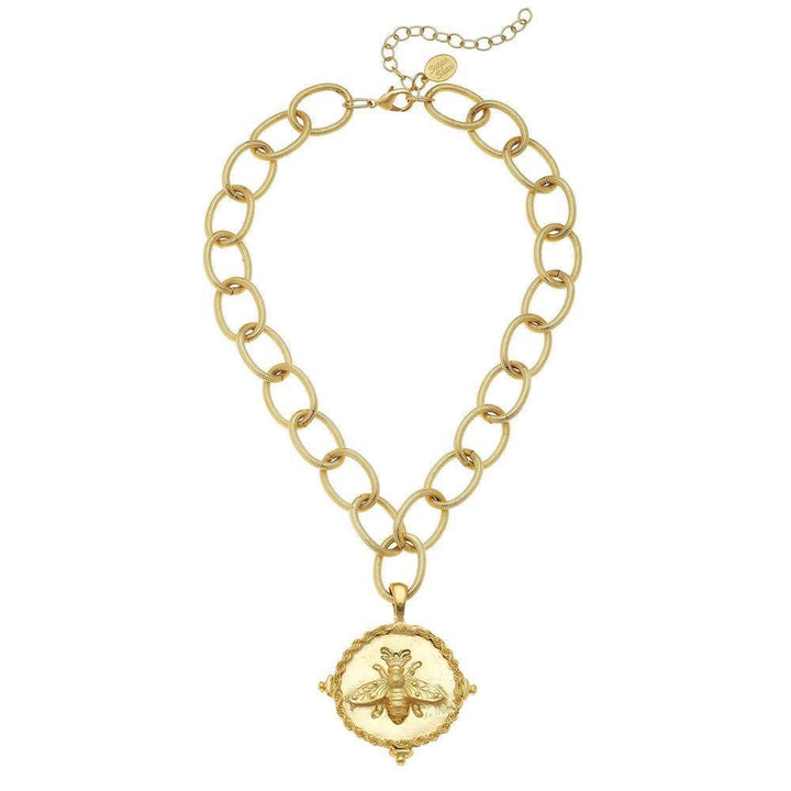 Gold bee pendant necklace with textured chain