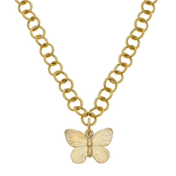 Gold butterfly necklace with textured link chain