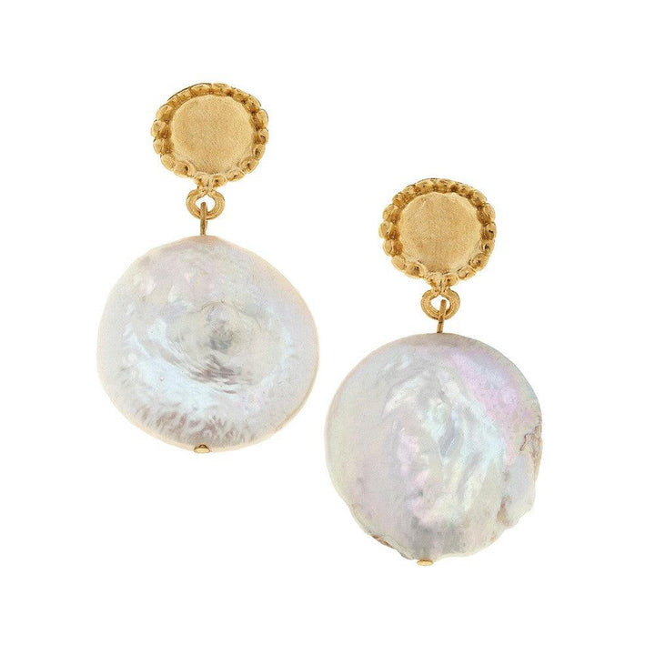 Gold Cabochon Post earrings with coin pearl accents.