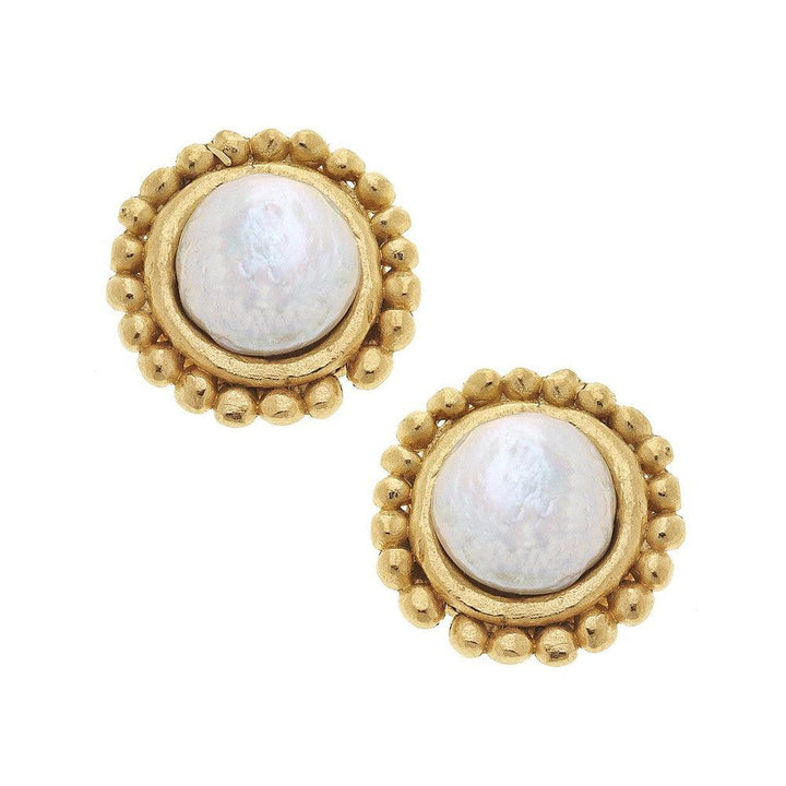 Gold & Coin Pearl Clip Earrings: Elegant pearl stud earrings with gold beaded accents.