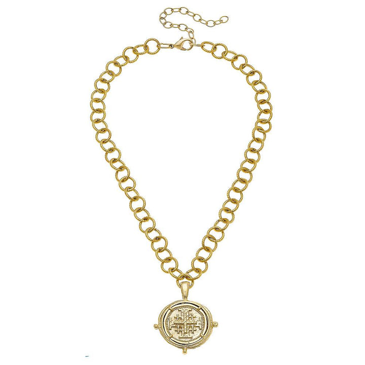 Gold necklace featuring a Jerusalem cross intaglio pendant on a textured chain.