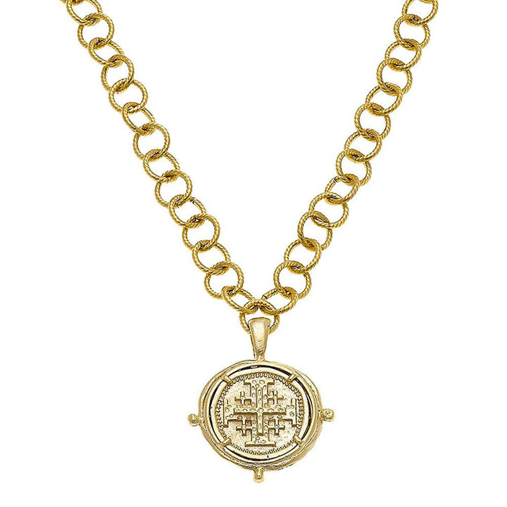 Gold Jerusalem Cross Intaglio necklace with textured gold chain.