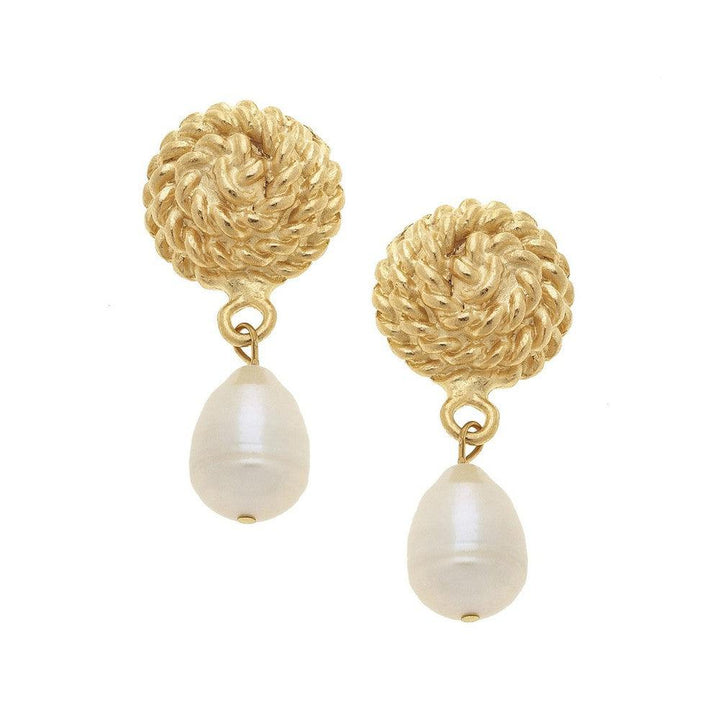 Gold rope post earrings with pearl drops
