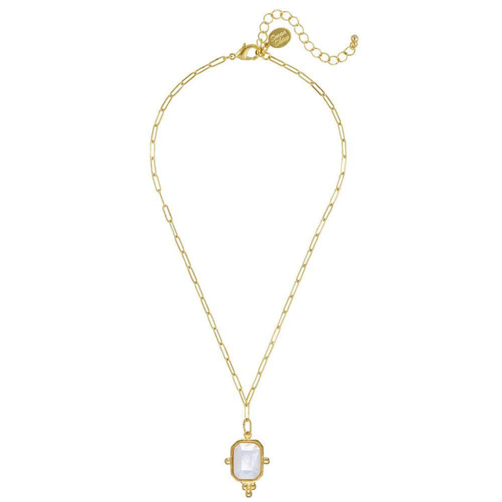 Gold paperclip chain necklace with a rectangular opal pendant.