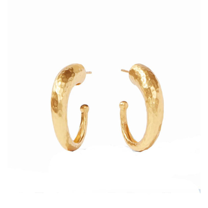 Gold Hammered Hoops earrings; textured, curved design.