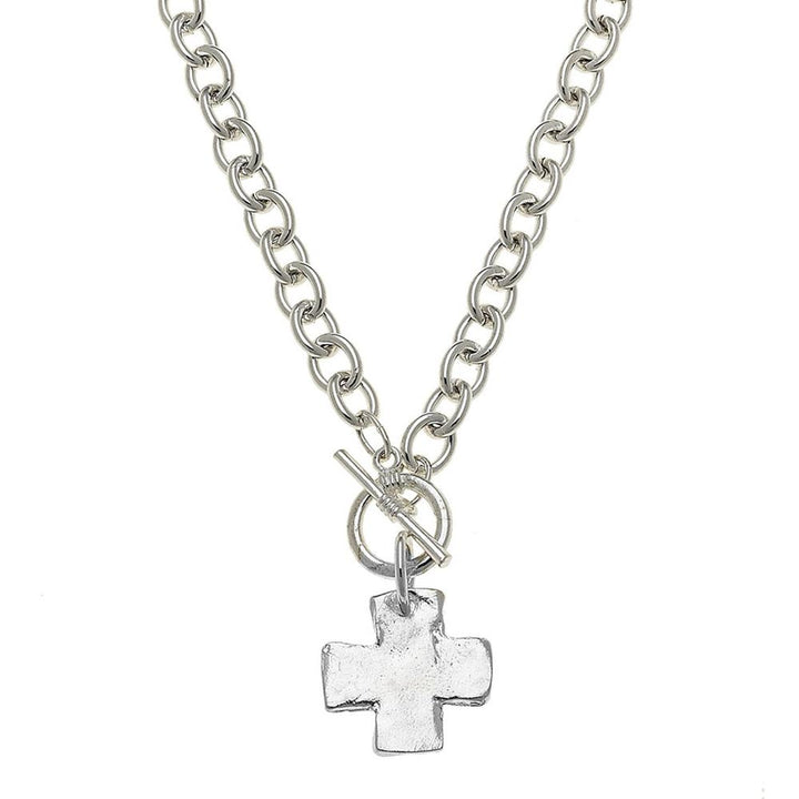 Hand-cast silver cross toggle necklace with chunky chain