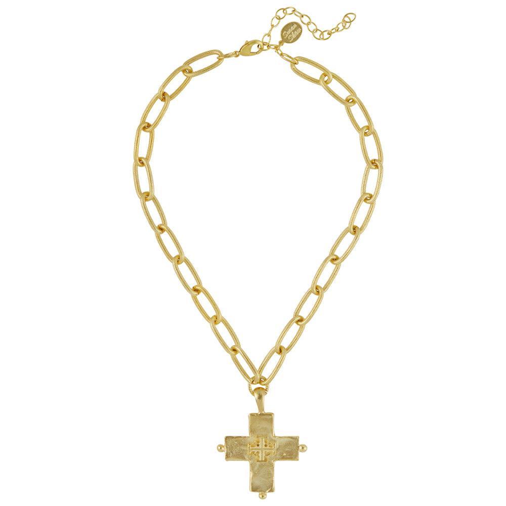 Gold Jerusalem cross pendant necklace, featuring a textured cross charm and a bold chain.