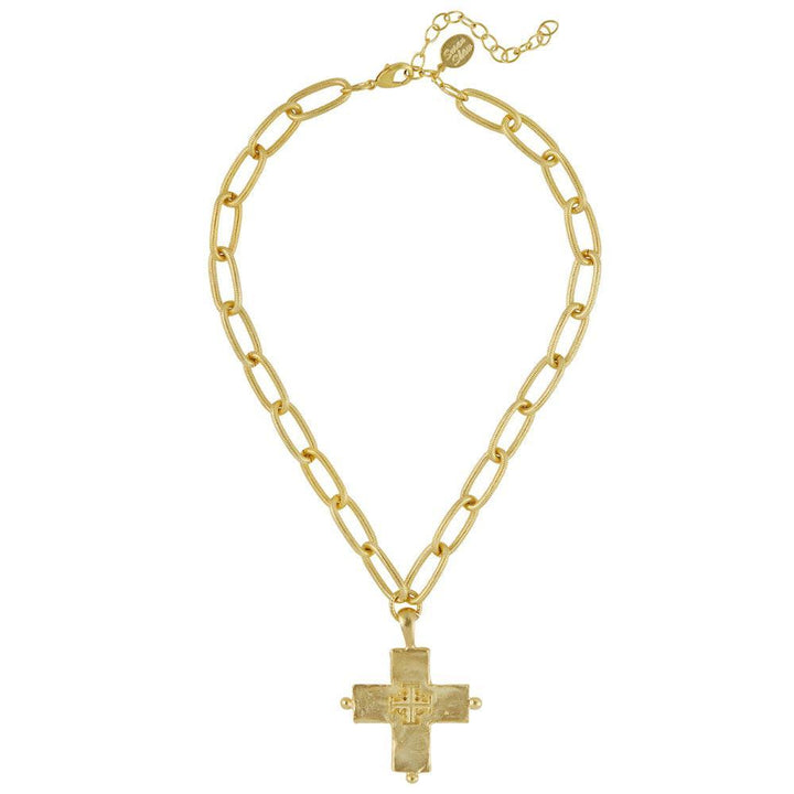 Gold Jerusalem cross pendant necklace, featuring a textured cross charm and a bold chain.