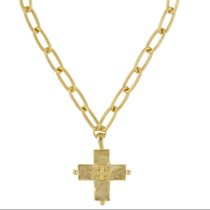 Handcast gold Jerusalem cross chain necklace with textured details.