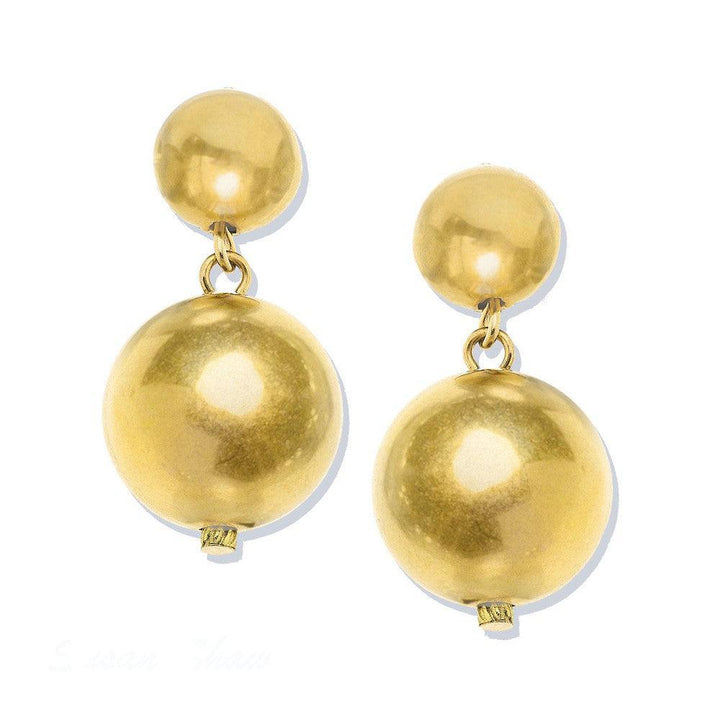 Handcast gold-plated ball dangle earrings; elegant, two-toned gold spheres.
