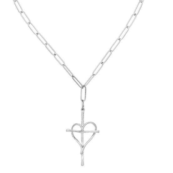 Silver Heart Cross necklace with paperclip chain