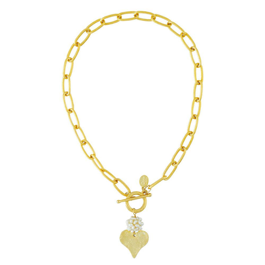 Gold Heart on Link Chain necklace with pearl accent
