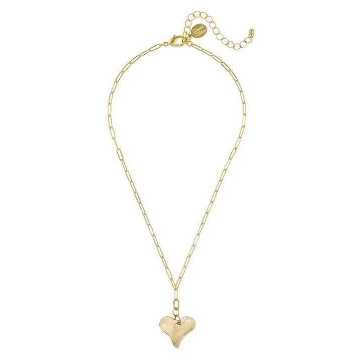Gold heart pendant necklace with a delicate paperclip chain.