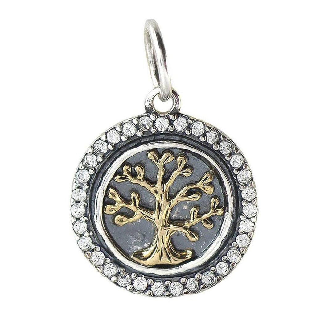 Hearts Content Tree of Life pendant: round, silver & gold, features a detailed tree design, accented with sparkling crystals.