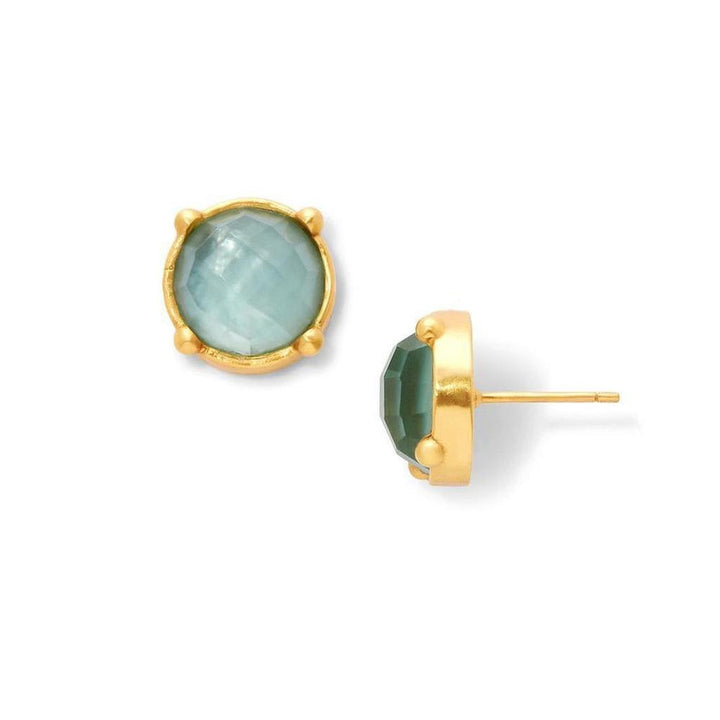 Gold stud earrings featuring a teal gemstone.
