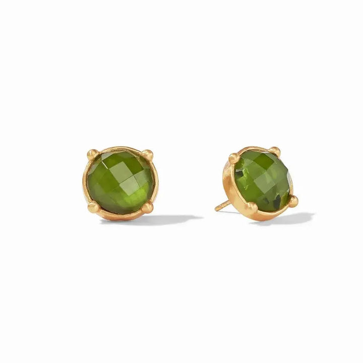 Olive green gemstone stud earrings with gold settings.