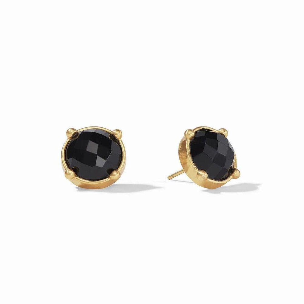 Black onyx stud earrings with gold settings;  faceted gemstones.
