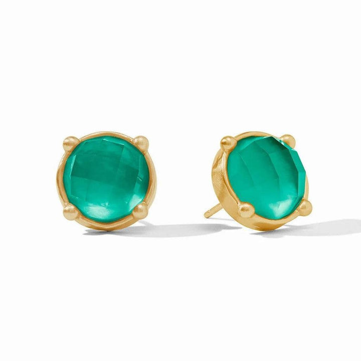 Round green gemstone stud earrings with gold setting.