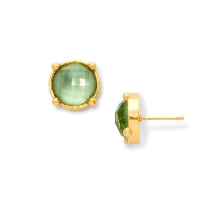 Gold stud earrings featuring a round, pale green gemstone.