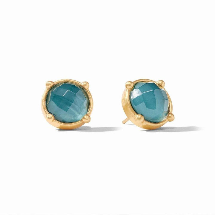 Teal gemstone stud earrings with gold settings.