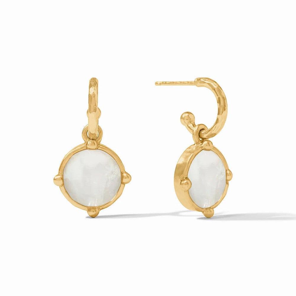 Gold hoop earrings with oval mother-of-pearl accents.