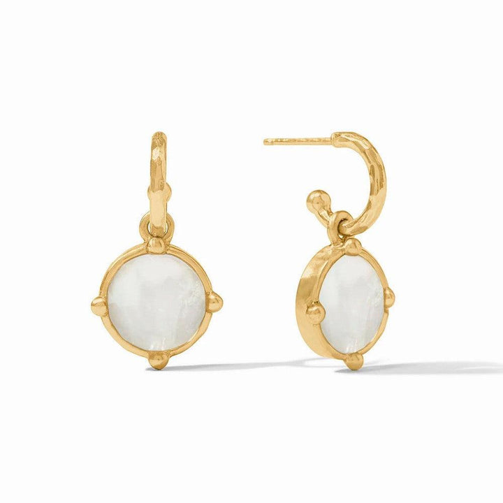 Gold hoop earrings with oval mother-of-pearl accents.