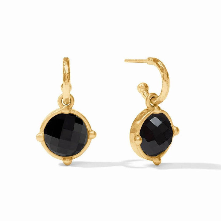 Gold hoop earrings with black gemstone accents.
