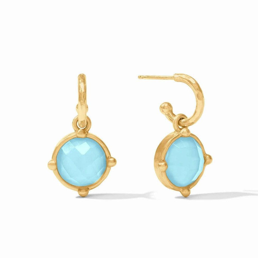 Honeybee Hoop & Charm Earrings with light blue chalcedony and gold hoops.