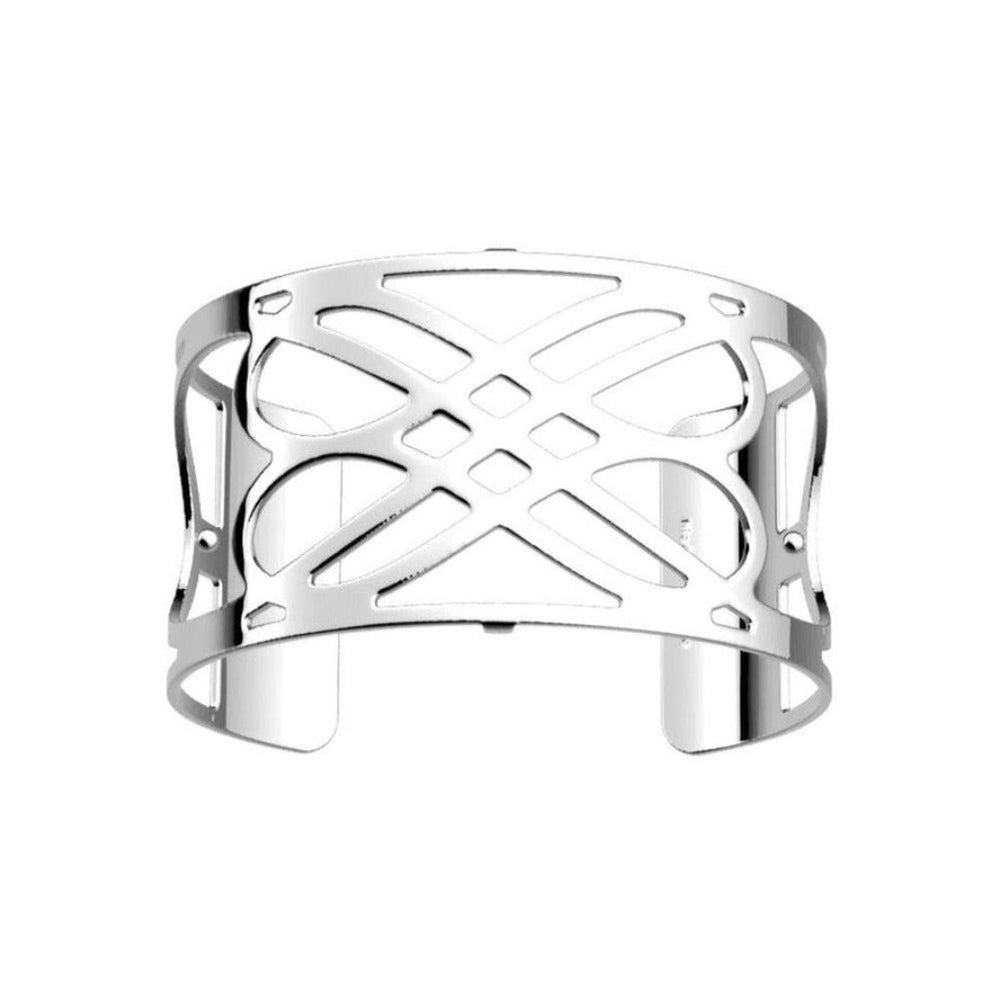 Silver cuff bracelet with intricate cutout design.