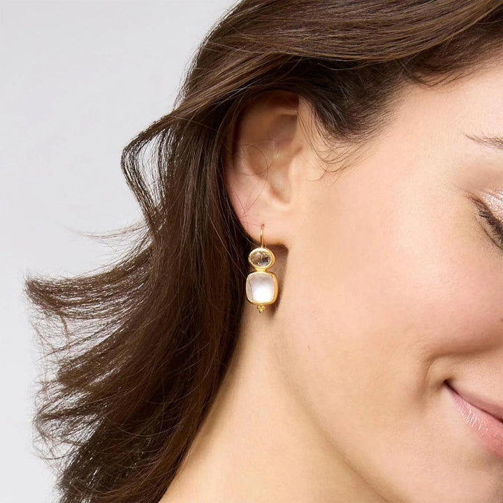 Gold drop earrings featuring milky quartz and smoky quartz accents.