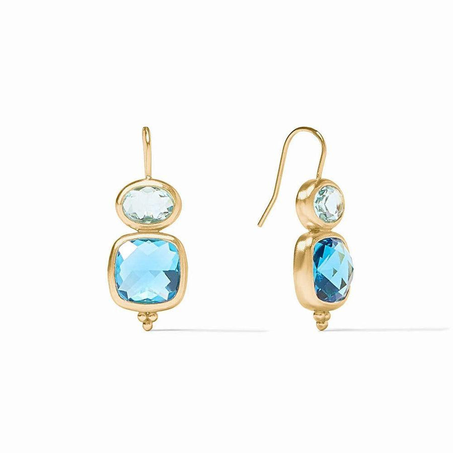 Gold Kaleidoscope earrings with blue and light blue gemstones.